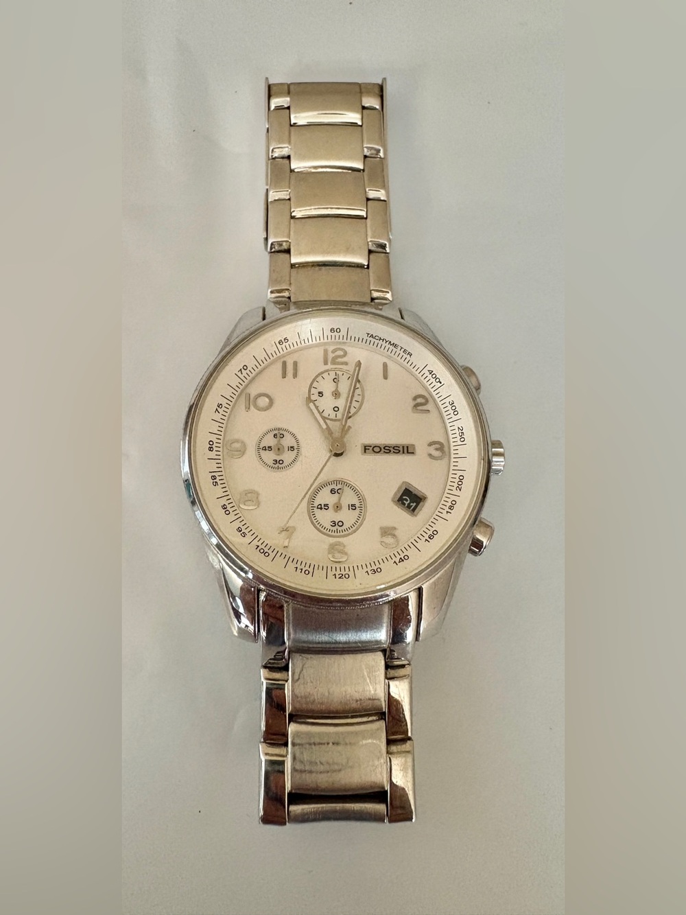 Fossil Chronograph Watch Men FS-4393 40mm Silver Tone Date 6.5”
